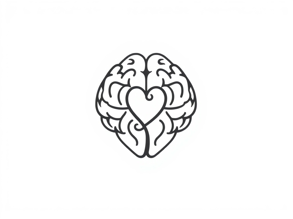 Minimalist line art of an interconnected brain and heart, clean vector style, positive and negative space balance, dark gray on white, suitable for branding, high resolution
